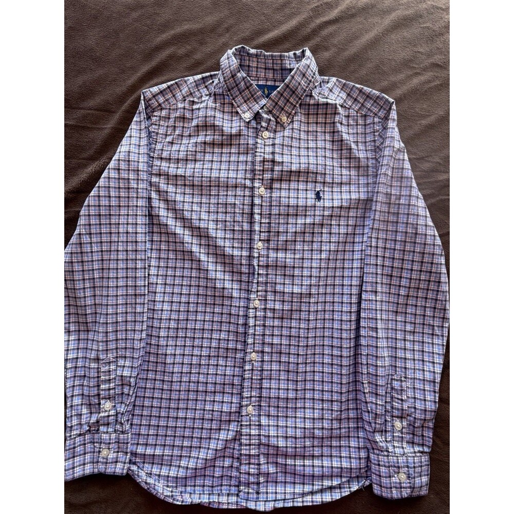 Ralph Lauren Boys Blue pink White Plaid Cotton Button-Down Long Sleeve Shirt XL